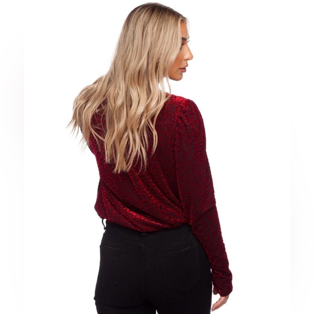 NWOT Buddy Love, Faux Wrap Body Suit, Black with Red Velvet Animal Print, Size S - Picture 7 of 9